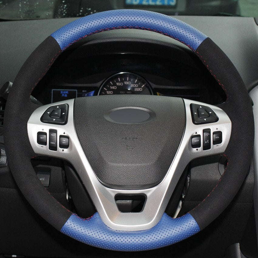 Blue Genuine Leather Black Suede DIY Car Steering Wheel Cover For Ford Explorer 2011-2016 Taurus 2012-2015 Edge 2011-2014