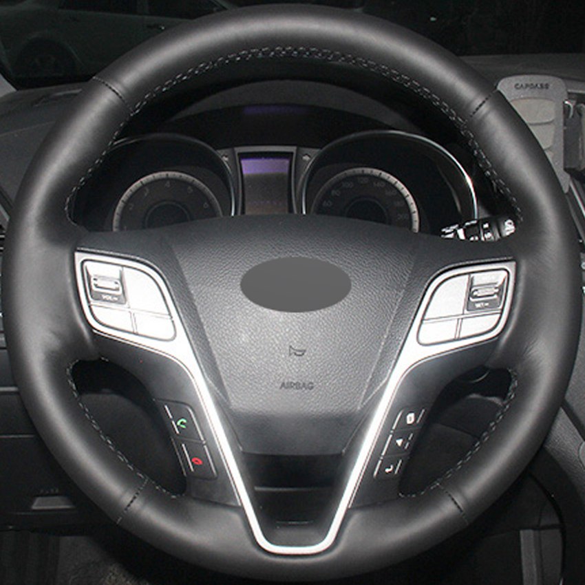 DIY Hand-stitched Black Genuine Leather Car Steering Wheel Cover for Hyundai Santa Fe 2013-2015 Hyundai ix45