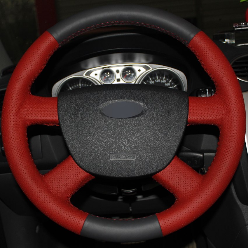 Red Black Genuine Leather Car Steering Wheel Cover for Ford Focus 2 2005-2011