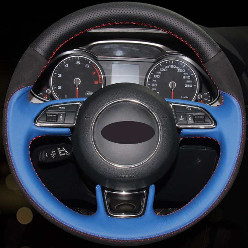 Black Blue Genuine Leather Black Suede Hand-stitched Steering Wheel Cover for Audi A1 A3 A5 A7