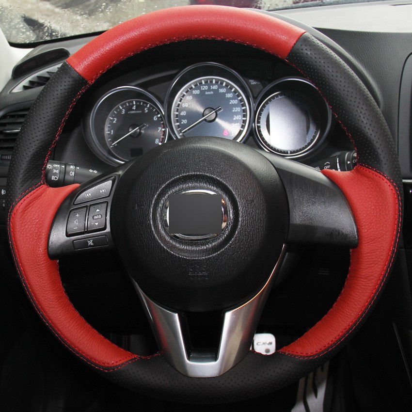 Red Black Genuine Leather DIY Car Steering Wheel Cover for Mazda CX-5 CX5 Atenza 2014 New Mazda 3 CX-3 2016 Scion iA 2016