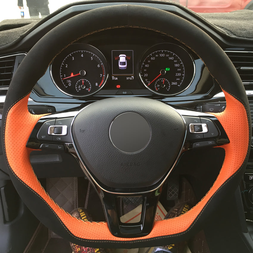 Hand-stitched Black Orange Leather Car Steering Wheel Cover for Volkswagen VW Golf 7 Mk7 New Polo Jetta Passat B8 Tiguan Sharan