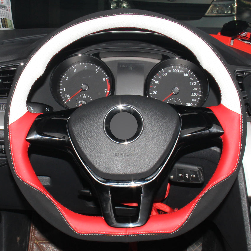 Car Steering Wheel Cover White Red Genuine Leather Black Suede for Volkswagen VW Golf 7 Mk7 New Polo Jetta Passat B8 Tiguan