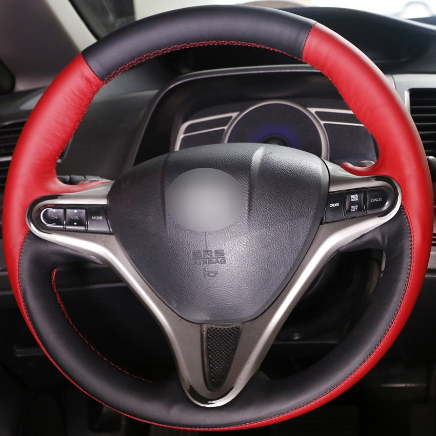 DIY Hand-stitched Car Steering Wheel Cover Black Red Leather for Honda Civic Old Civic 2006-2011