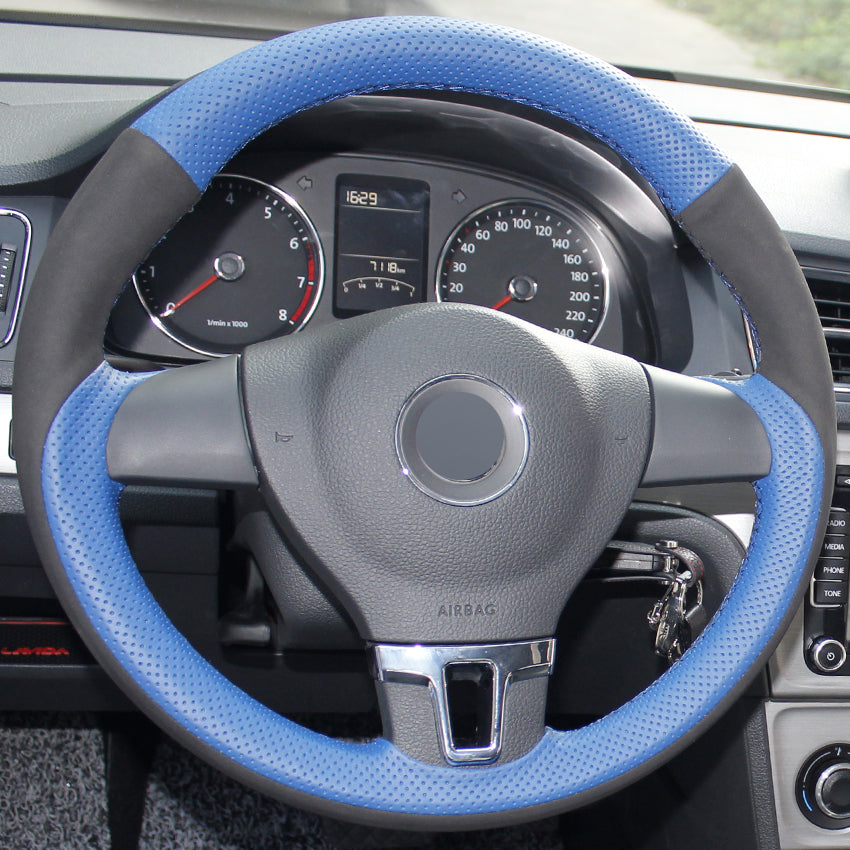 Blue Genuine Leather Black Suede Hand-stitched Car Steering Wheel Cover for Volkswagen VW Tiguan Lavida Passat B7 Jetta Mk6