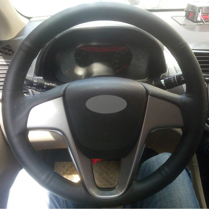 DIY Hand-stitched Black Genuine Leather Car Steering Wheel Cover for Hyundai Solaris Verna i20 2008-2012 Accent