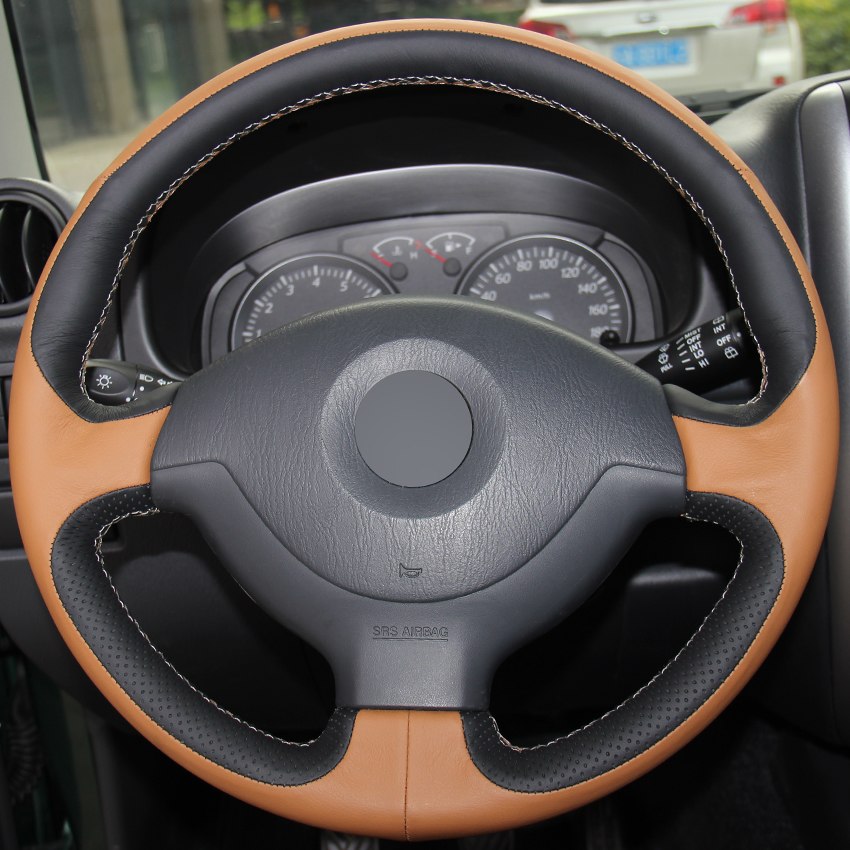 Orange Black Genuine Leather Hand-stitched Car Steering Wheel Cover for Suzuki Jimny