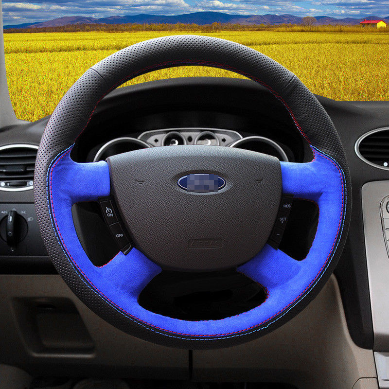 For Ford Focus Sport Blue Suede-hole leather Hand Sewing steering wheel cover