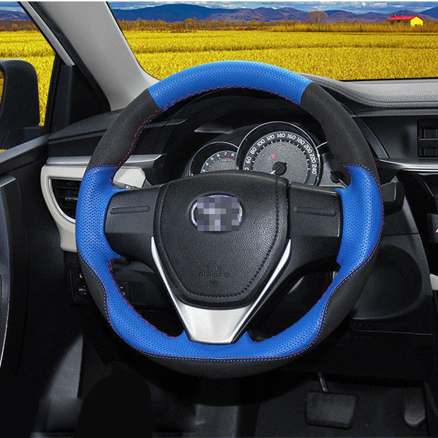 For Toyota RAV 4 -Corolla Car Steering wheel Cover Black Suede w- Blue leather