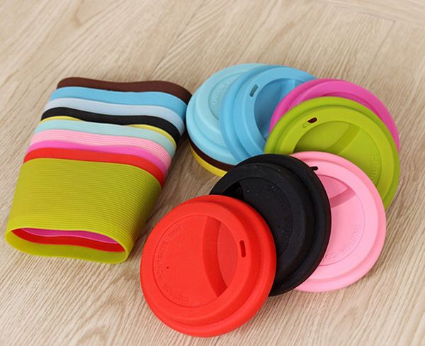 100 set-lot Silicone cup sleeve with lids Set Healthy silicone sleeves cover and wraps silicone mug lids