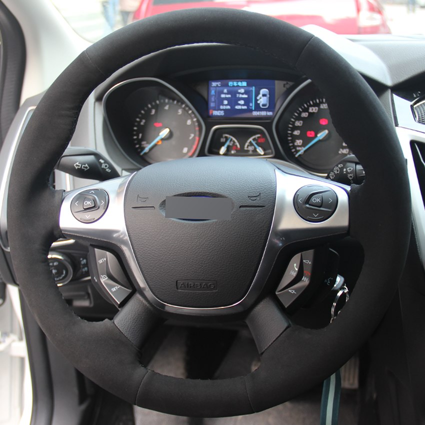 All Black Suede Hand-stitched Car Steering Wheel Cover for Ford Focus 3 2012-2014 KUGA Escape 2013-2016
