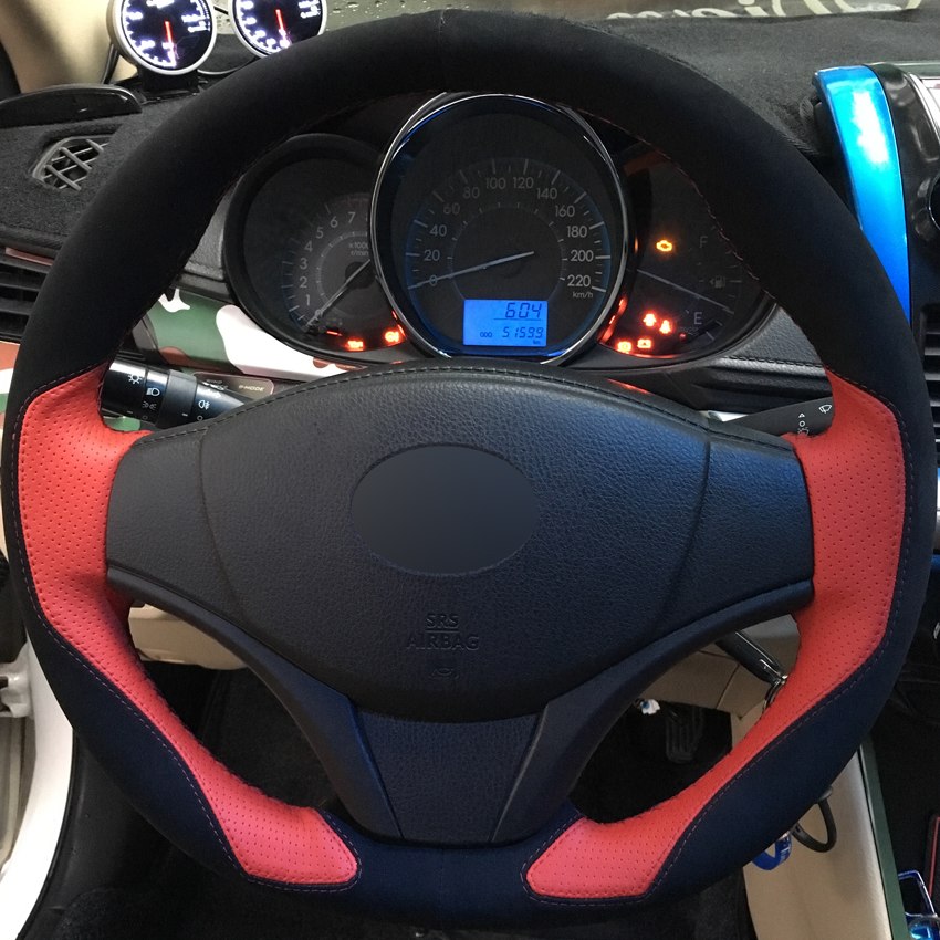 DIY Hand-stitched Car Steering Wheel Cover Black Suede Orange Leather Suede for Toyota Yaris Vios 2014-2016