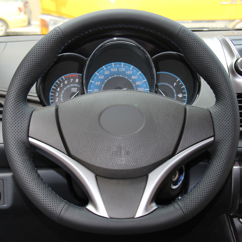 Black Leather Hand-stitched Car Steering Wheel Cover for Toyota Yaris Vios 2014-2016