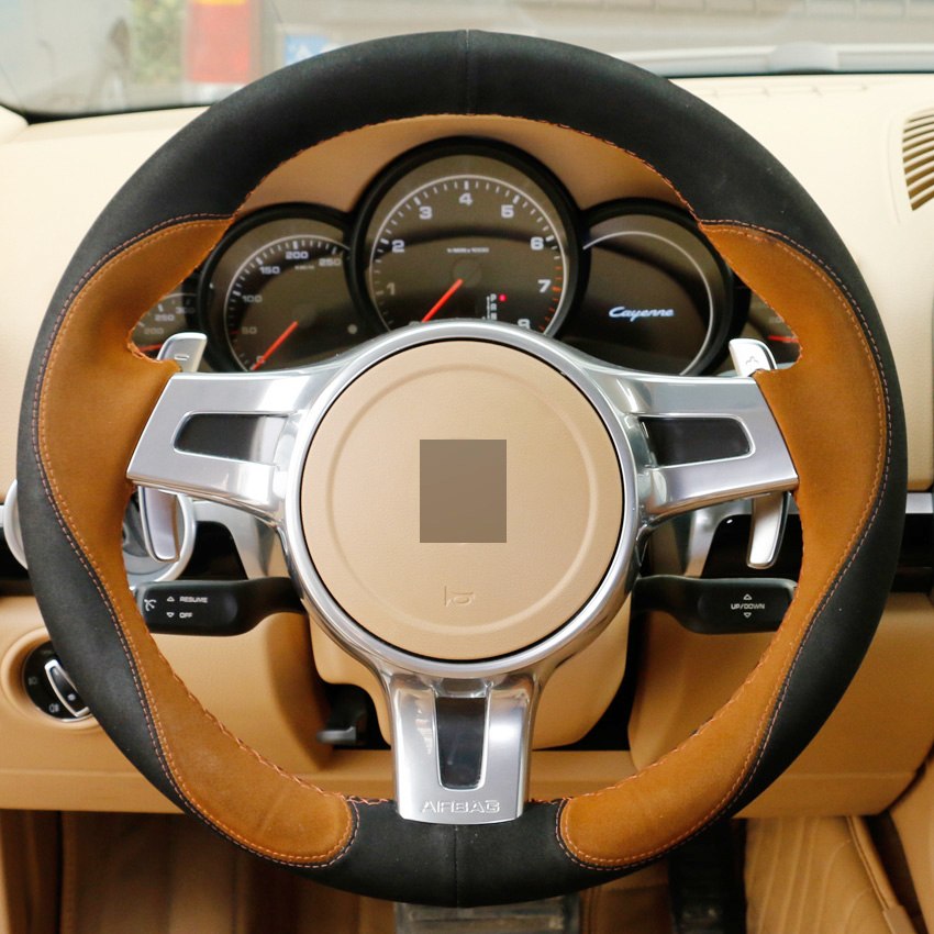 Brown Black Suede DIY Hand-stitched Steering Wheel Cover for Porsche Cayenne Panamera 2012 2013