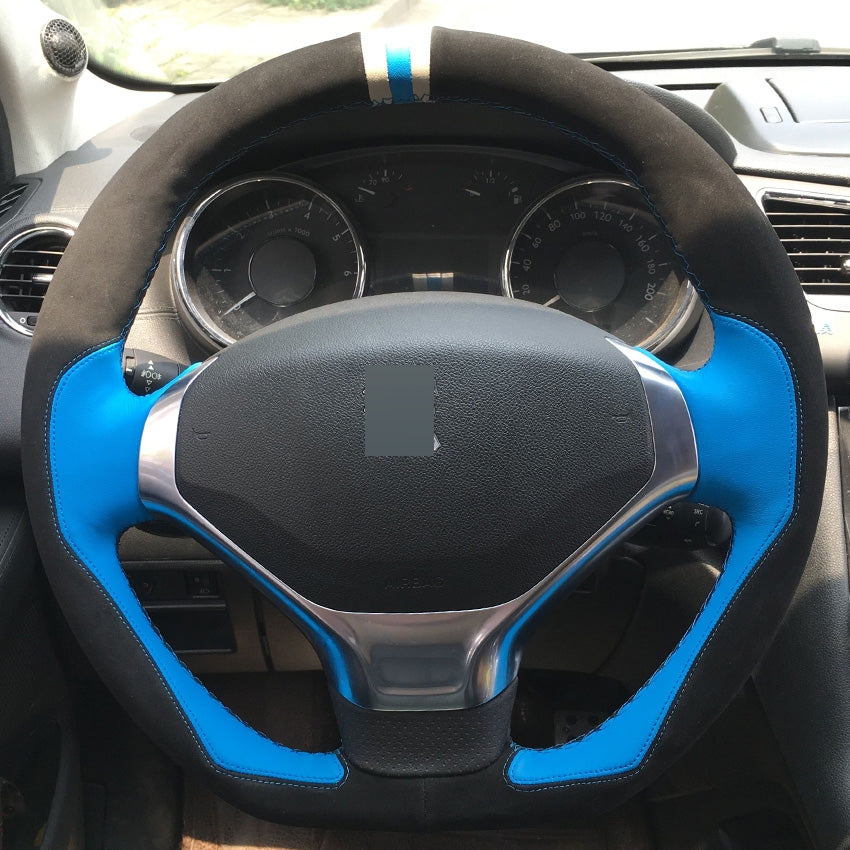 Blue Leather Black Suede DIY Hand-stitched Car Steering Wheel Cover for Peugeot 3008 2013-2015