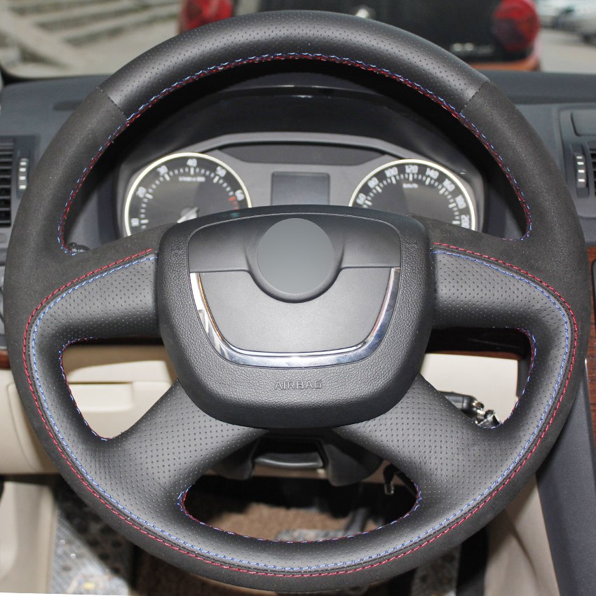 Black Genuine Leather Hand-stitched Car Steering Wheel Cover for 2012 2013 Skoda Octavia Superb 2012 Fabia Skoda Octavia a 5 a5