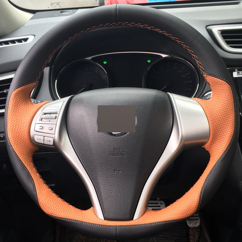 Orange Black Leather Hand-stitched Car Steering Wheel Cover for Nissan Teana Altima 2013-2016 X-Trail QASHQAI Rogue 2014-2016