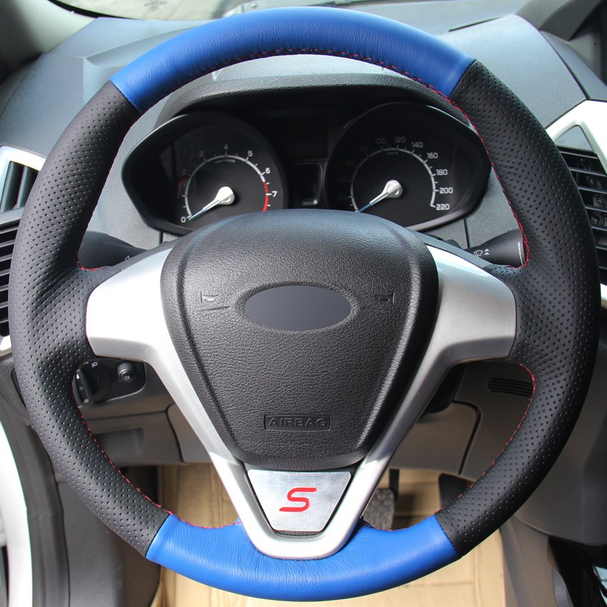 Blue Black Genuine Leather Hand-stitched Car Steering Wheel Cover for Ford Fiesta 2008-2013 Ecosport 2013-2016