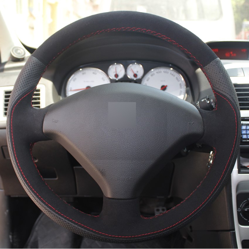 Black Genuine Leather Suede Hand-stitched Car Steering Wheel Cover for Peugeot 307