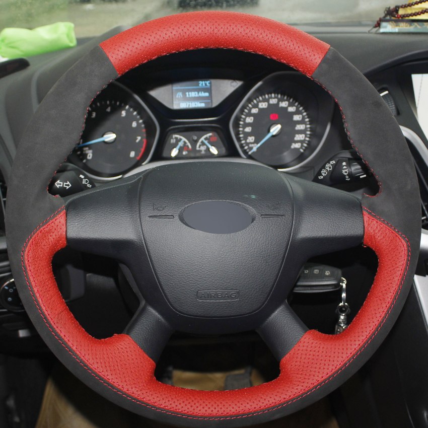 Red Genuine Leather Black Suede Car Steering Wheel Cover for Ford Focus 3 2012-2014 KUGA Escape 2013-2016