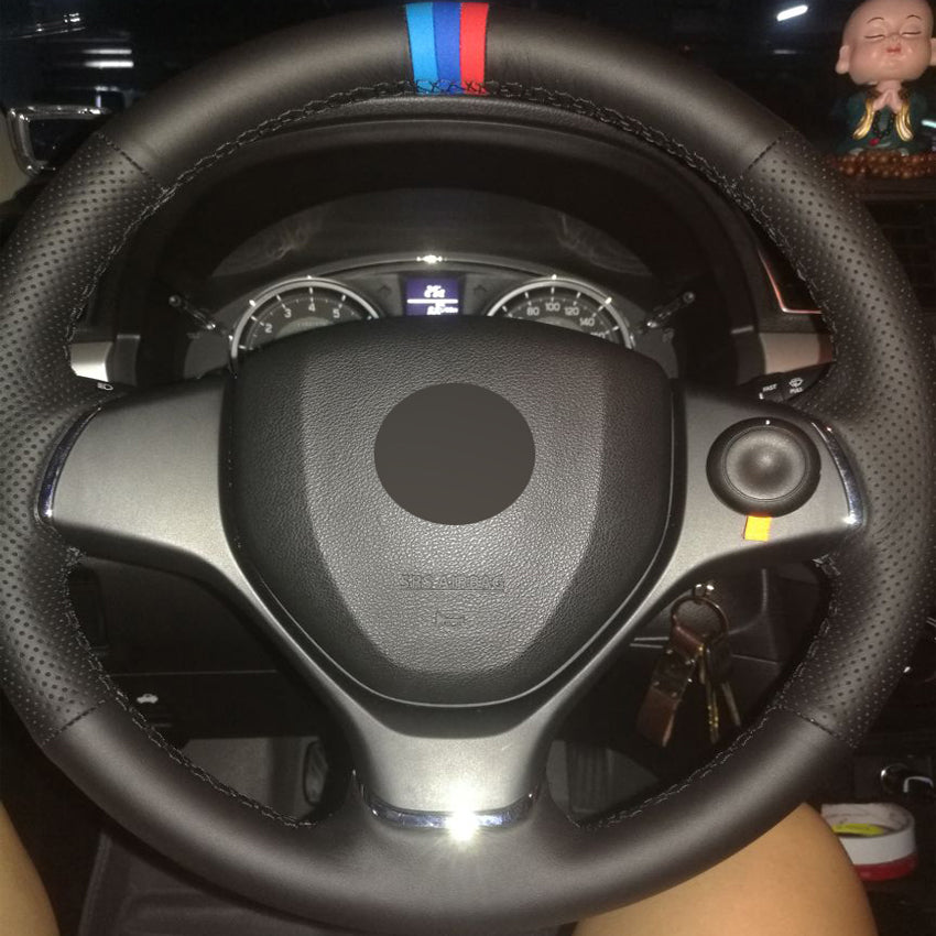 Black Genuine Leather DIY Hand-stitched Car Steering Wheel Cover for Suzuki Alivio 2015 2016