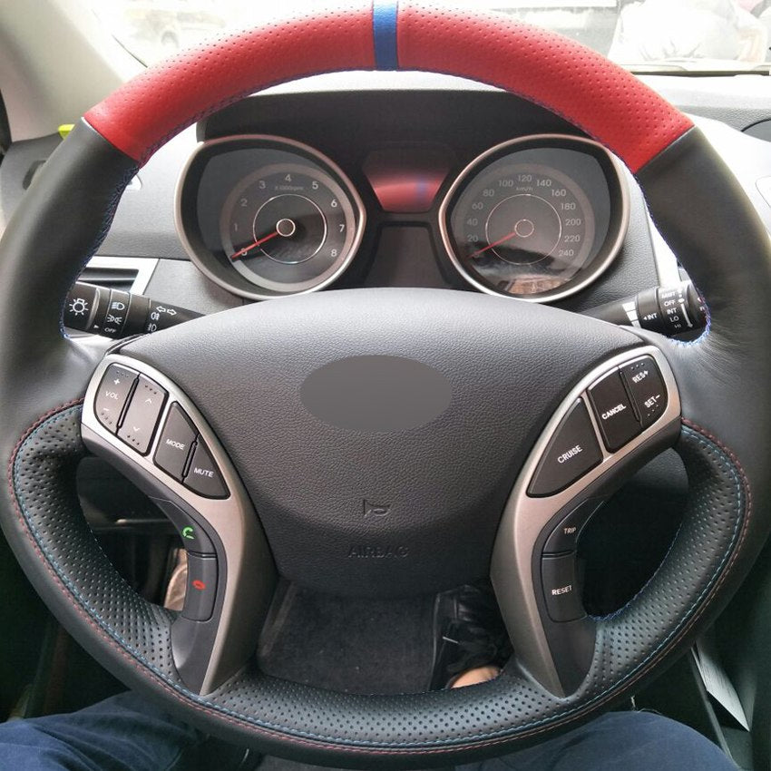 Red Black Genuine Leather DIY Hand-stitched Car Steering Wheel Cover for Hyundai Elantra 2011-2016 Avante i30 2012-2016