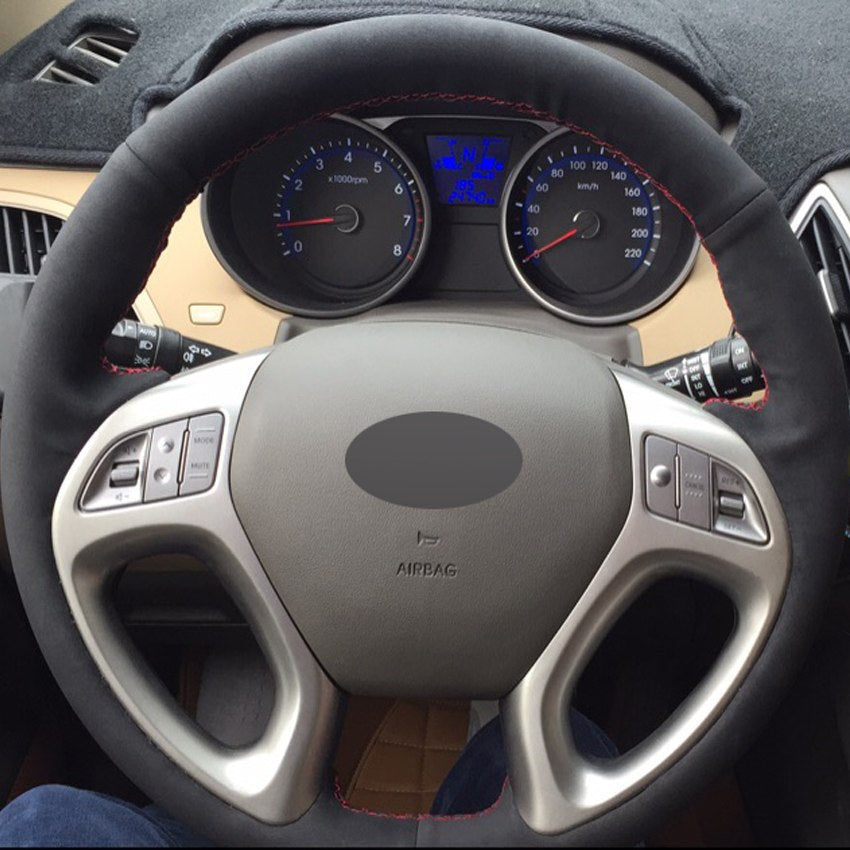 Black Suede DIY Hand-stitched Car Steering Wheel Cover for Hyundai ix35 Tucson 2 2011-2015