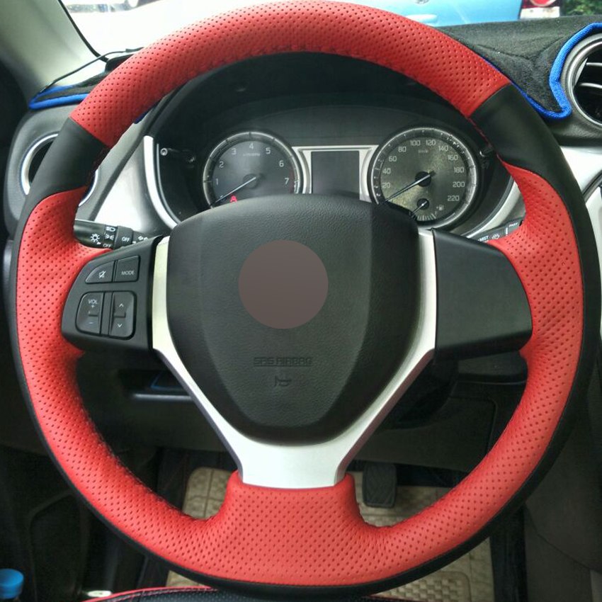 Red Black Genuine Leather DIY Hand-stitched Car Steering Wheel Cover for Suzuki CELERIO S-CROSS SX4 2013 2014 Suzuki Vitara