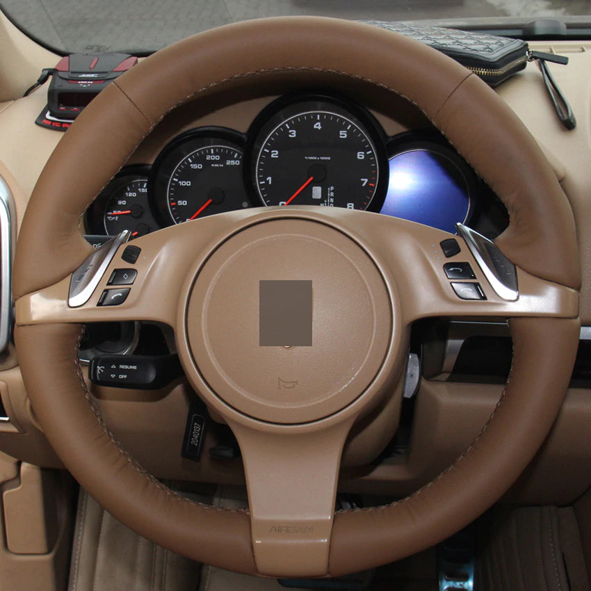 Dark Brown Leather DIY Hand-stitched Car Steering Wheel Cover for Porsche Cayenne Panamera 2010 2011