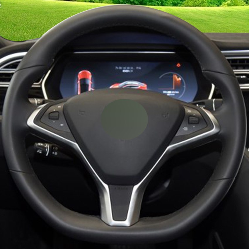 DIY Hand-stitched Black Genuine Leather Car Steering Wheel Cover for Tesla Model S 2014-2017 Tesla Model X 2016 2017