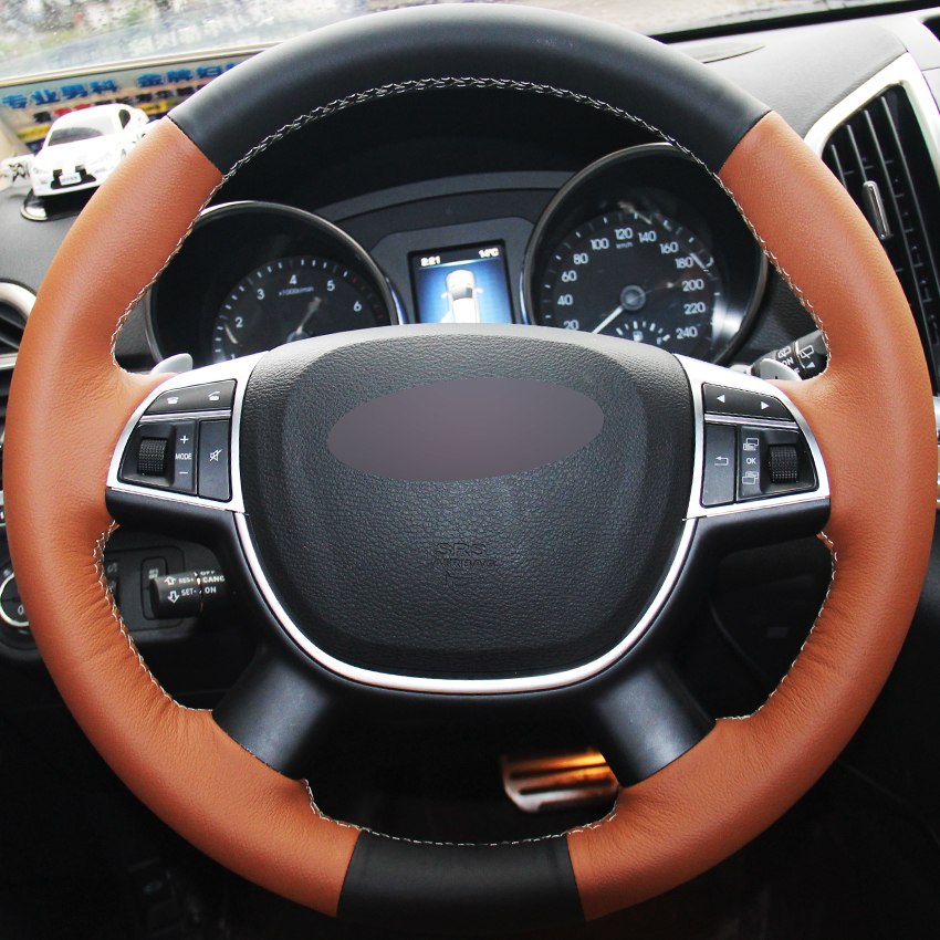 Black Orange Genuine Leather DIY Hand-stitched Car Steering Wheel Cover for Great Wall Haval Hover H9