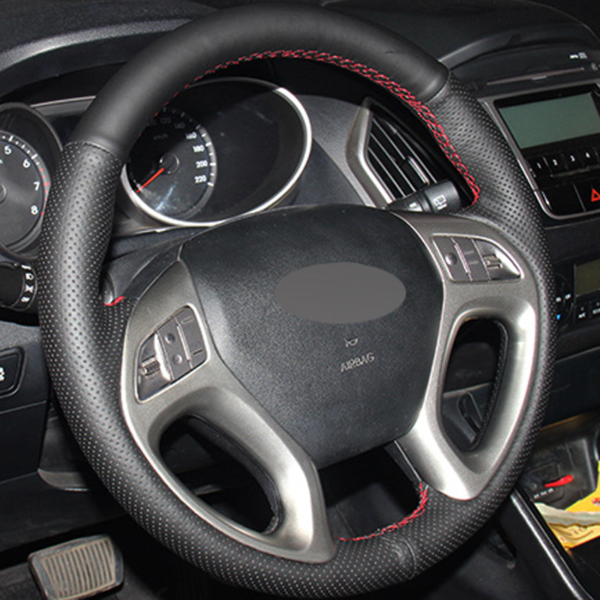 DIY Hand-stitched Black Genuine Leather Car Steering Wheel Cover for Hyundai ix35 Tucson 2 2011-2015