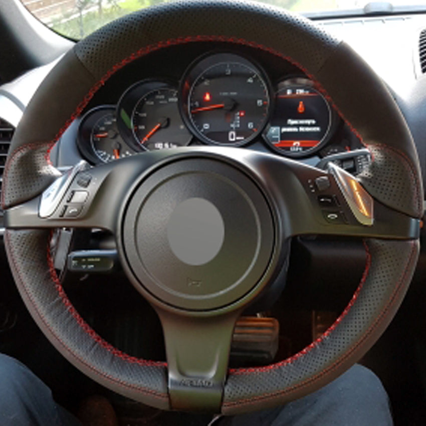 Black Genuine Leather Suede Hand-stitched Car Steering Wheel Cover for Porsche Cayenne Panamera 2010 2011