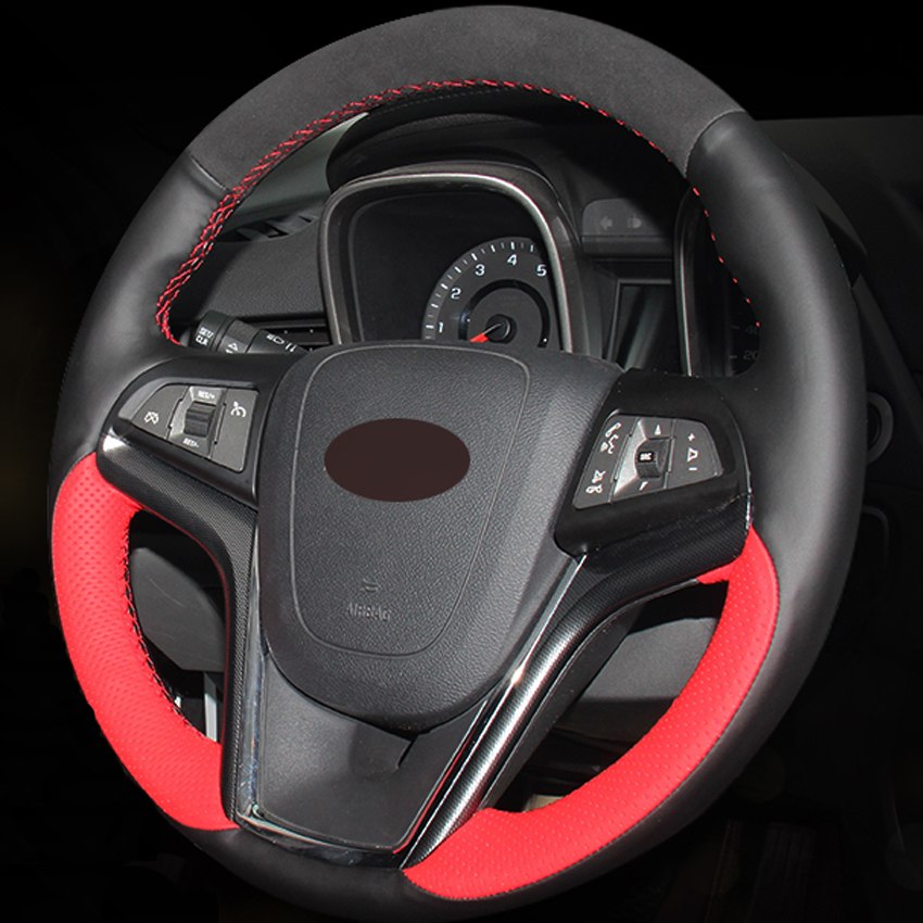Black Suede Red Black Genuine Leather Hand-stitched Car Steering Wheel Cover for Chevrolet Malibu 2011-2014 Volt 2011-2015
