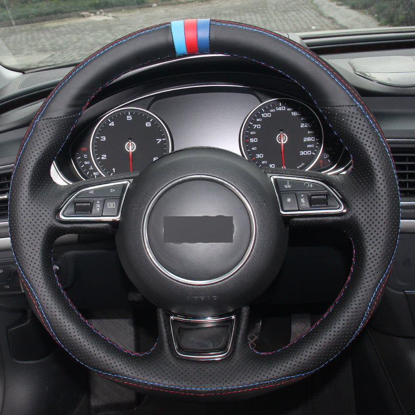 Black Leather Black Suede DIY Hand-stitched Car Steering Wheel Cover for Audi A1 A3 A5 A7