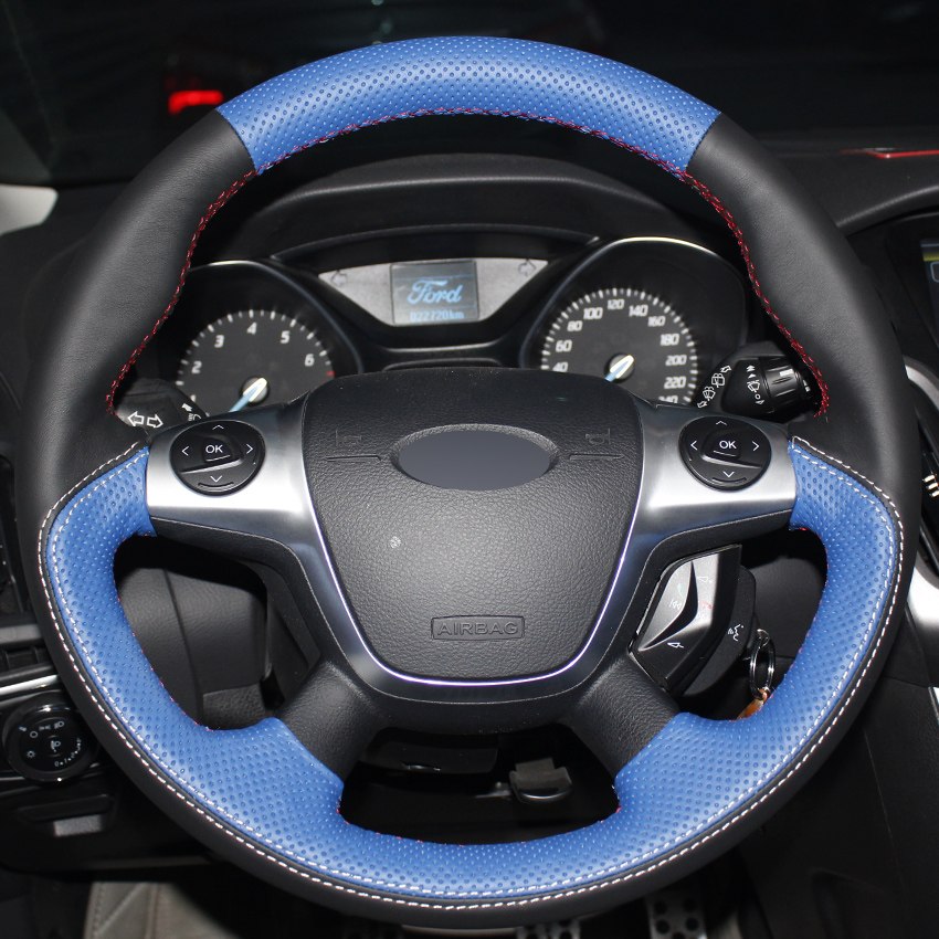 Blue Black Genuine Leather Hand-stitched Car Steering Wheel Cover for Ford Focus 3 2012-2014 Kuga 2013-2016