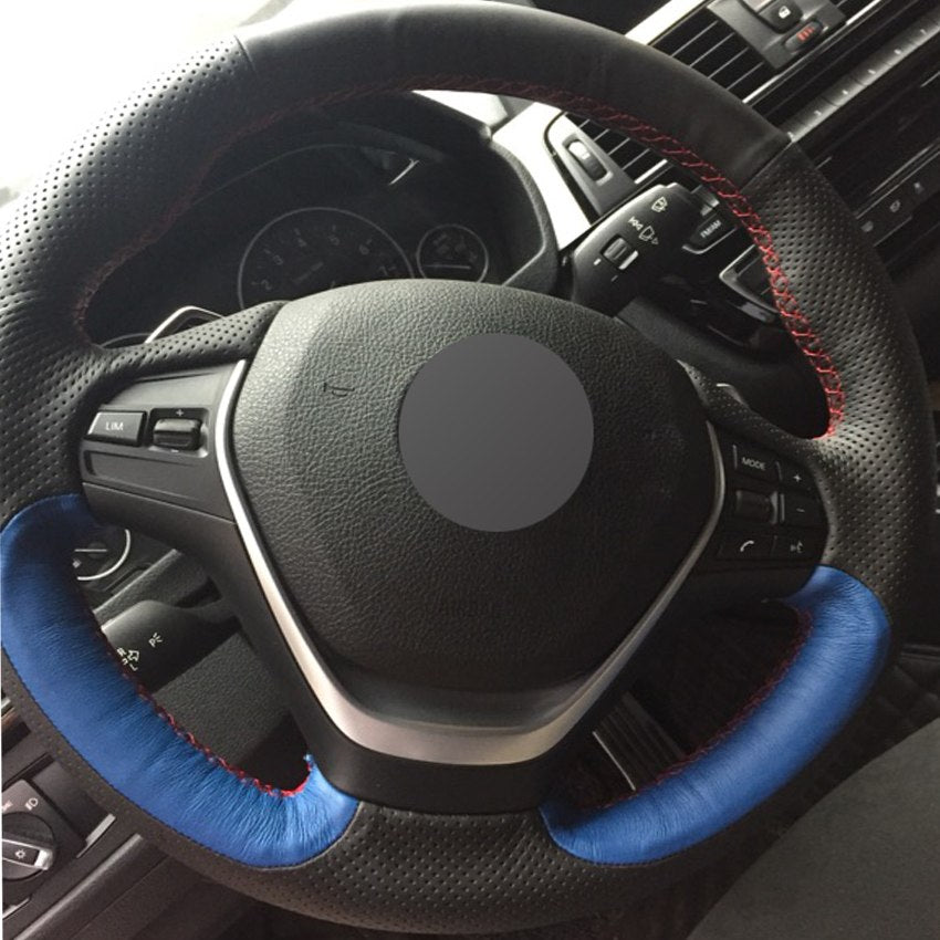 Black Blue Genuine Leather DIY Hand-stitched Car Steering Wheel Cover for BMW F30 316i 320i 328i 320d F20