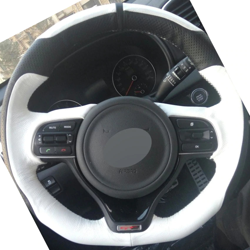 Black White Genuine Leather DIY Hand-stitched Steering Wheel Cover for Kia K5 2016 (sport) Sportage 4 KX5 2016