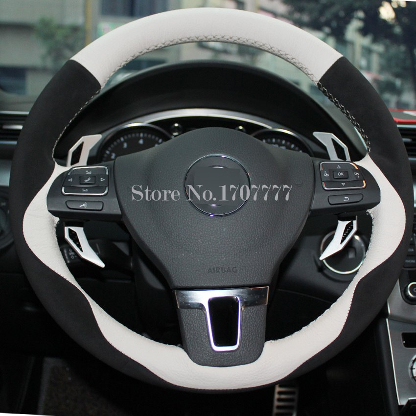 White Genuine Leather Black Suede Car Steering Wheel Cover for Volkswagen VW Gol Tiguan Passat B7 CC Touran Magotan Jetta