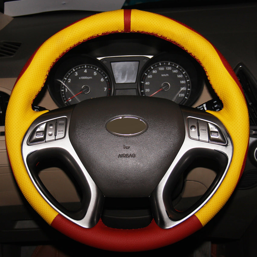 Yellow Red Genuine Leather Hand-stitched Car Steering Wheel Cover for Hyundai ix35 Tucson 2 2011-2015