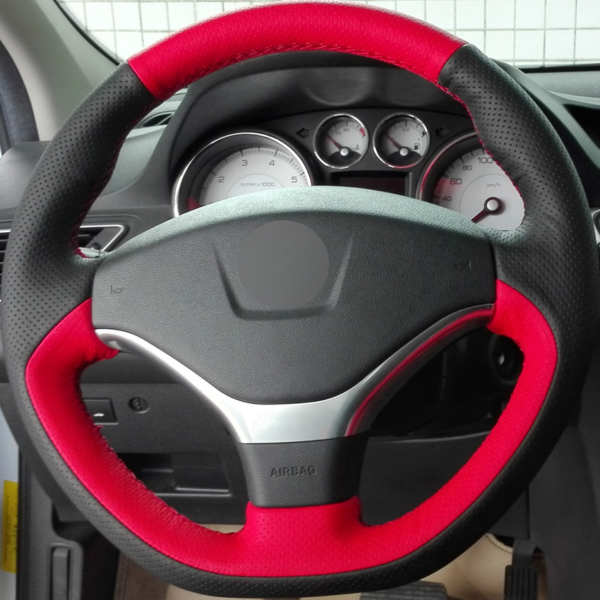 Black Red Genuine Leather DIY Hand-stitched Car Steering Wheel Cover for Peugeot 308 2012 2013 2014