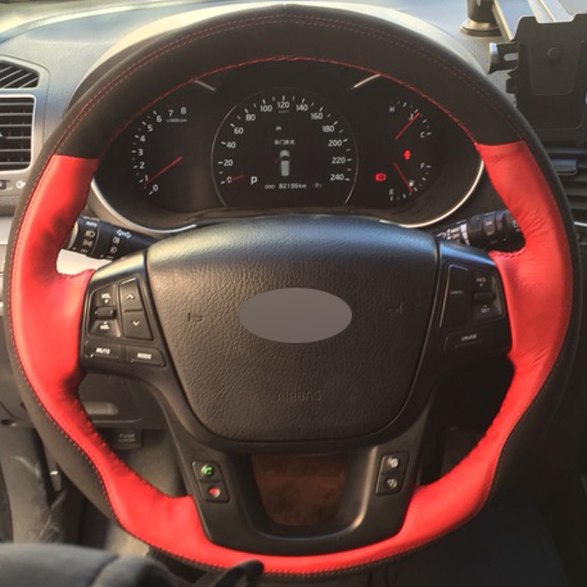 Red Genuine Leather Black Suede Hand-stitched Steering Wheel Cover for Kia Sorento 2009-2014 Kia Cadenza K7 2011-2015