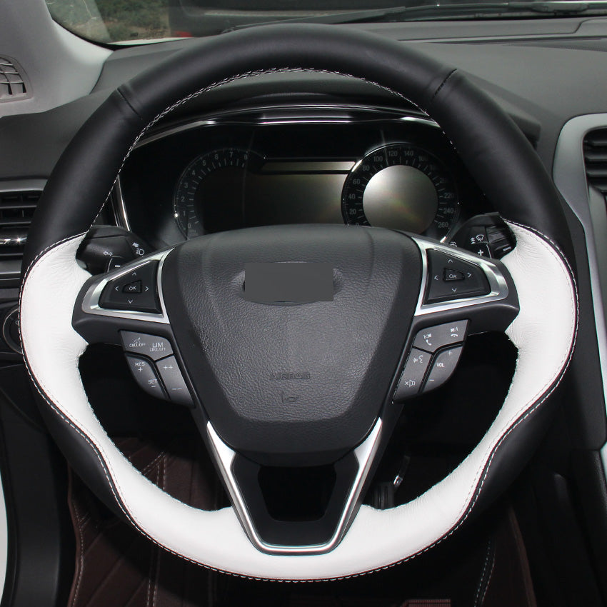 Black White Leather DIY Hand-stitched Car Steering Wheel Cover for Ford Fusion Mondeo 2013 2014 EDGE 2015 2016