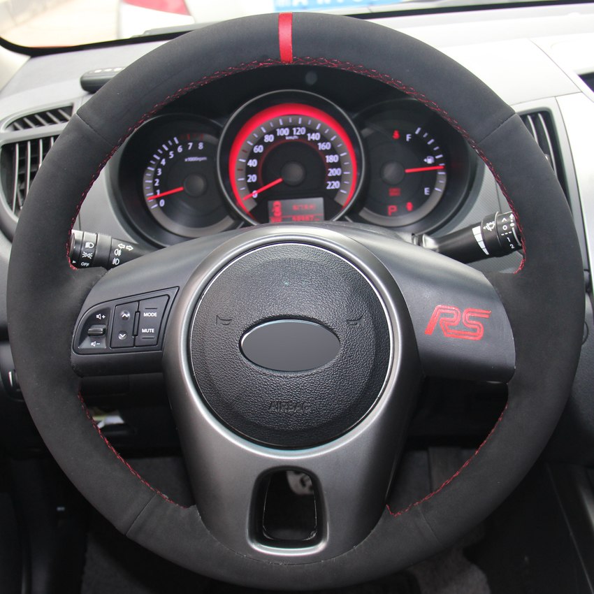 Black Suede Hand-stitched Car Steering Wheel Cover for Kia Forte Kia Soul Kia Rio 2009-2011