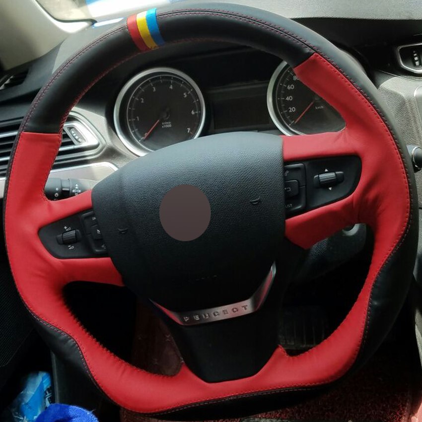 Black Red Genuine Leather DIY Hand-stitched Car Steering Wheel Cover for Peugeot 408 2014 2015