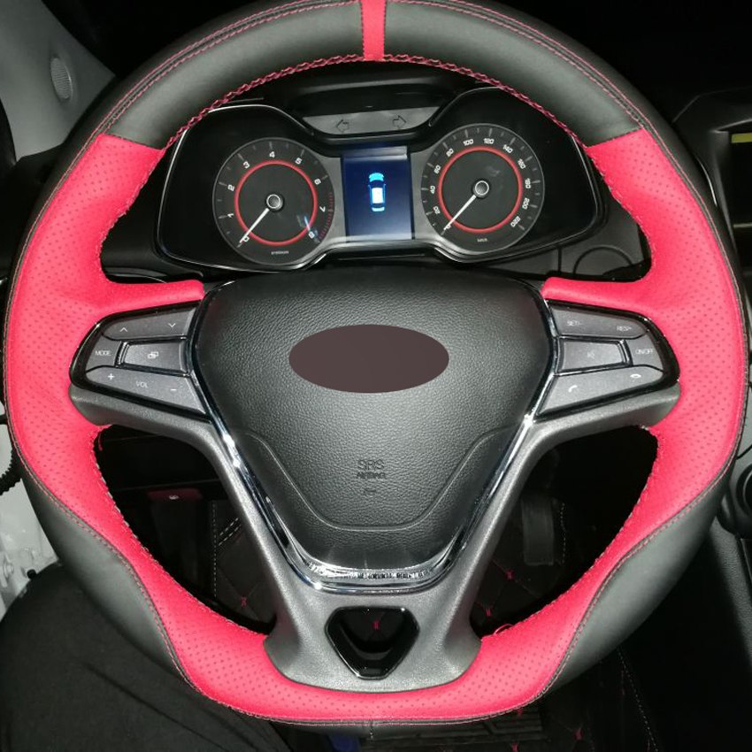 Black Red Genuine Leather DIY Hand-stitched Car Steering Wheel Cover for Chery Arrizo 5