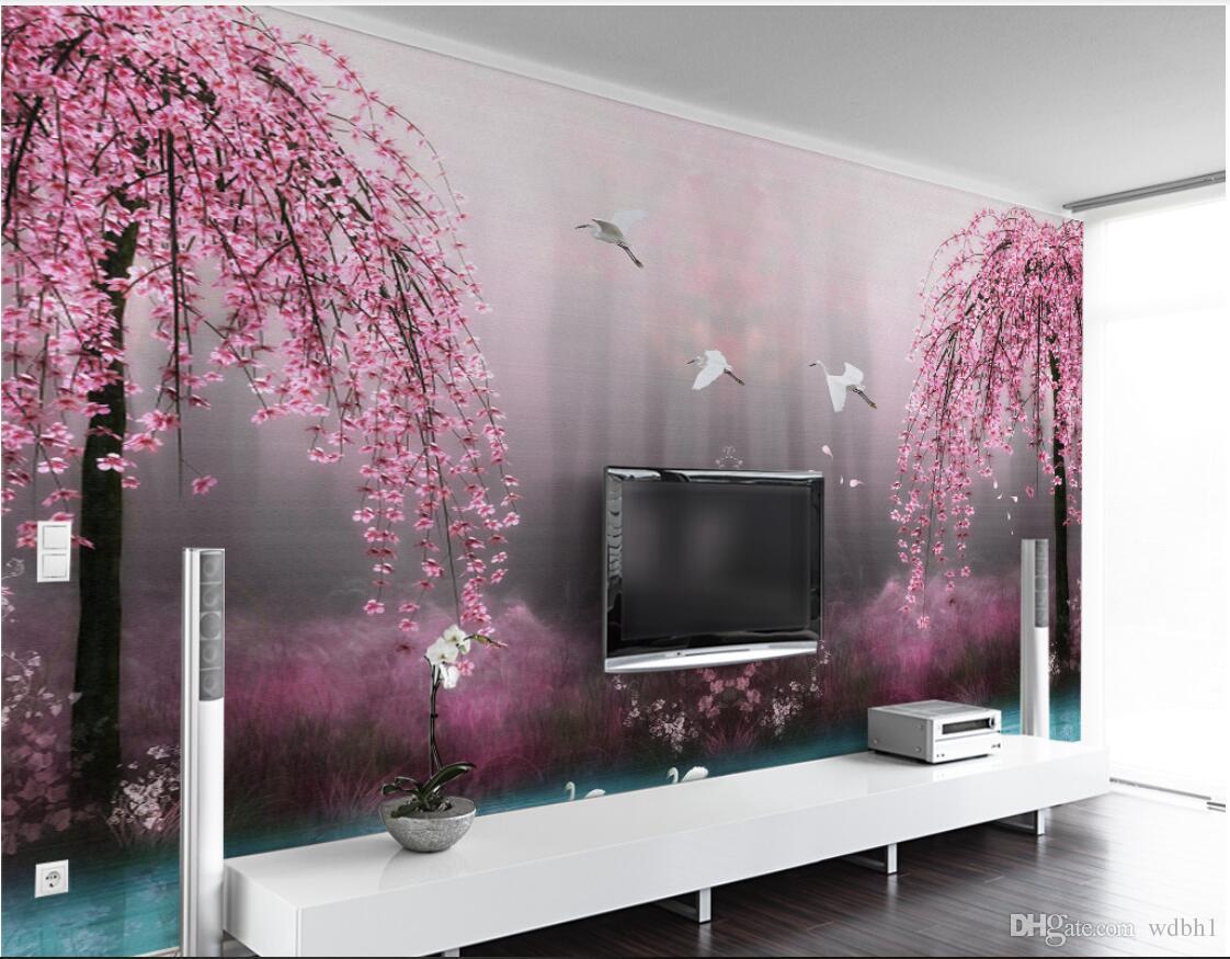 3d wallpaper custom photo Non-woven mural Beautiful dreamy pink cherry swan lake landscape background wall muals wall paper for walls 3 d