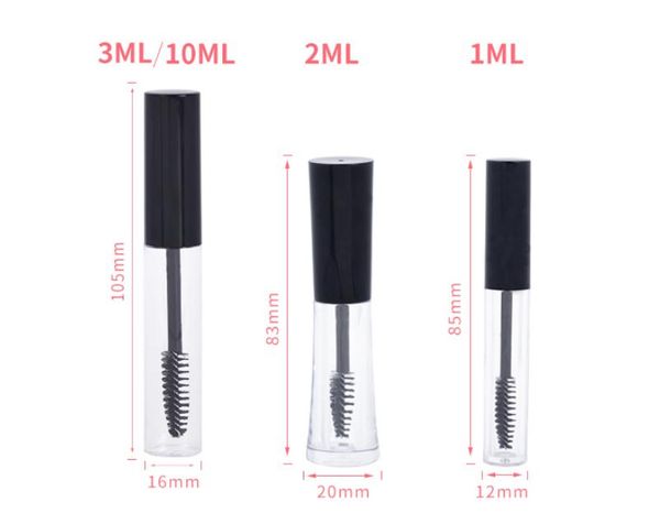 300pcs-lot Fast shipping 1ml 2ml 3ml 10ML Mascara Tube Empty Eyelash Cream Vial Liquid Bottle Container Black Cap SN2148