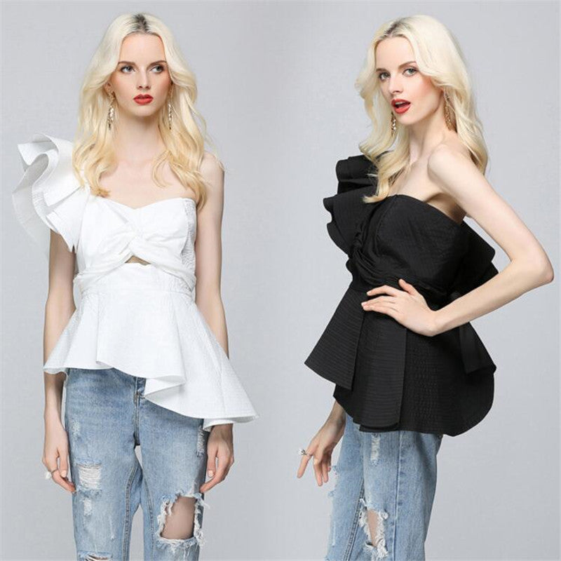 Drop Ship 2021 Hot women Open Shoulder Backless OL Blouse Shirt Sleeveless Irregular Skew Collar Ruffles Tube Top