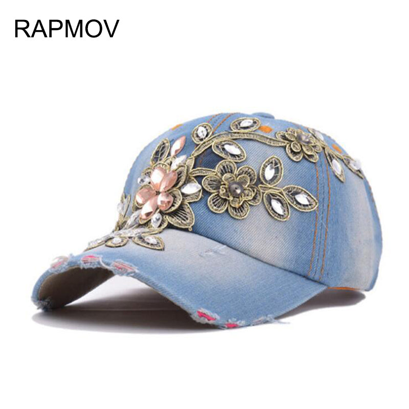 Wholesale Women Fashion Rhinestone Diamante Denim Baseball Cap Hats Women&#039;s Autumn Sports Hat Canvas Snapback Caps Good Quality